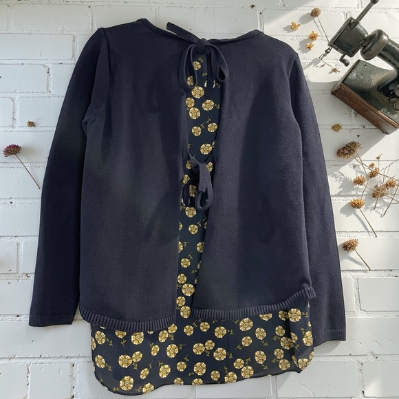 LOFT Navy Mixed Media Sweater Blouse Floral Hem Tie Back Cottagecore Medium - Picture 2 of 5